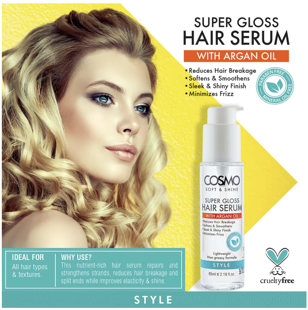 WHOLE SALE (72 PER CARTON)  SUPER GLOSS HAIR SERUM STYLE - 65ML COSMO SOFT & SHINE (COSMO SERIES) [COM33101971]